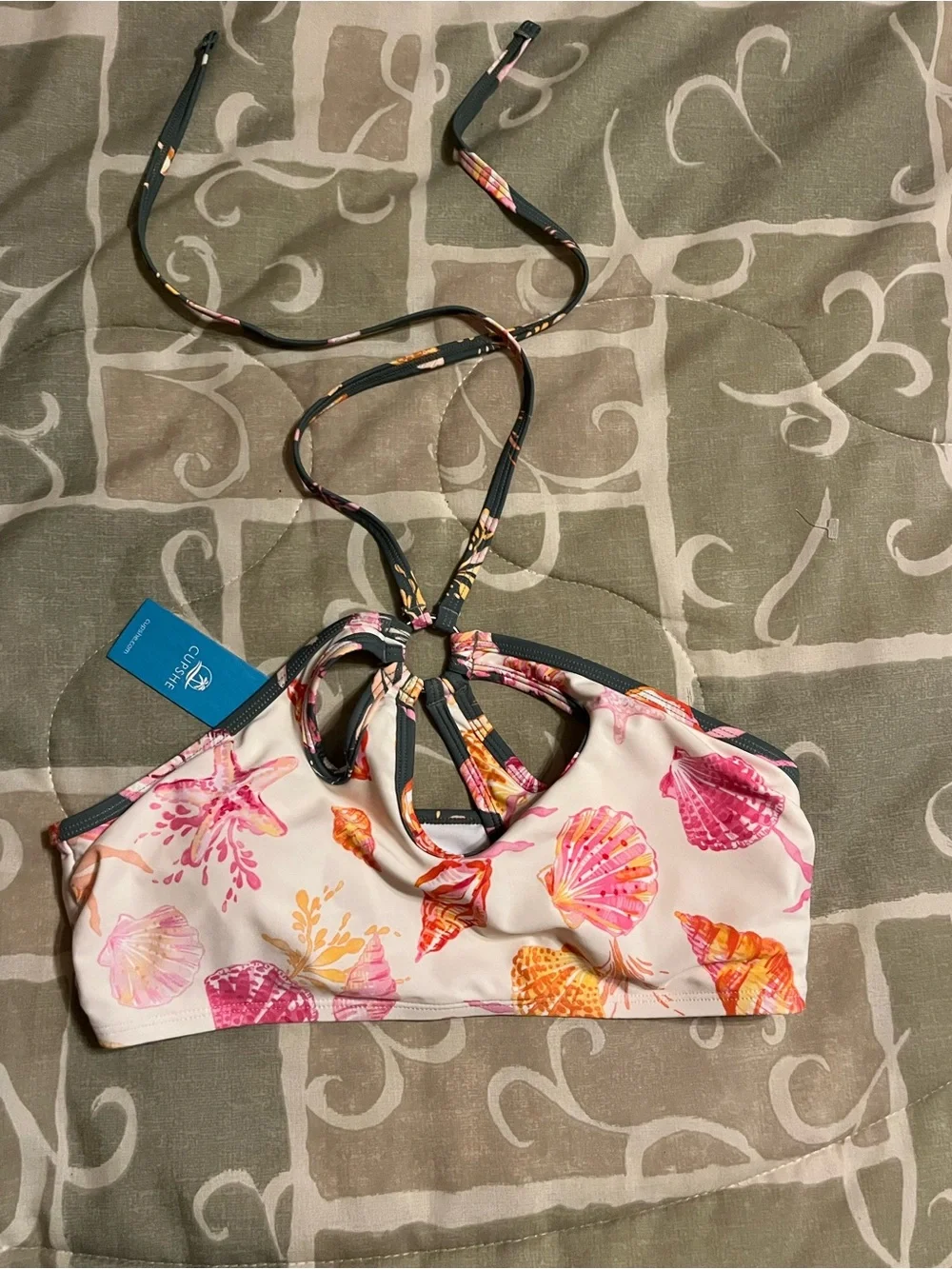 Cupshe Women's White Pink Shell Print Bralette Halter Swim Top Size M